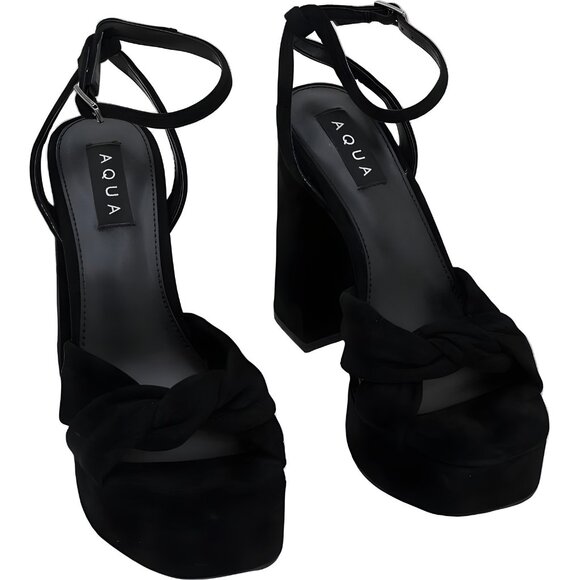 AQUA Pasha Block Heel Platform Ankle Strap Sandals Black Suede US 7.5M - Picture 1 of 6